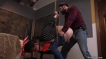 Dirty detective Tommy Pistol gags and ties evidence clerk Casey Calvert in strappado and fucks her anal then pounds her asshole in other positions in the office